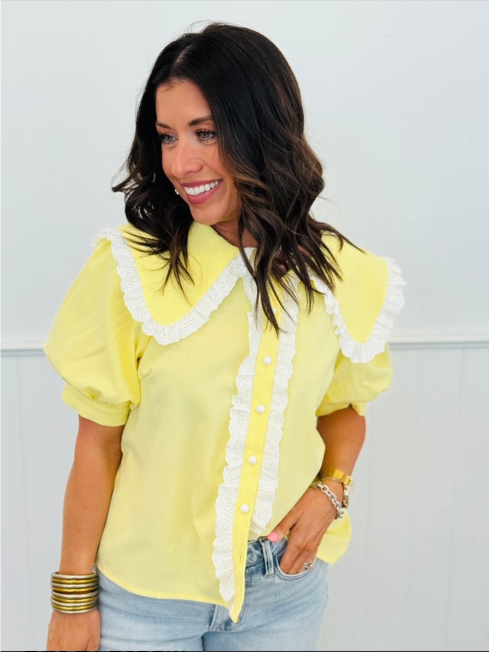 JODIFL Yellow Eyelet-Trim Blouse